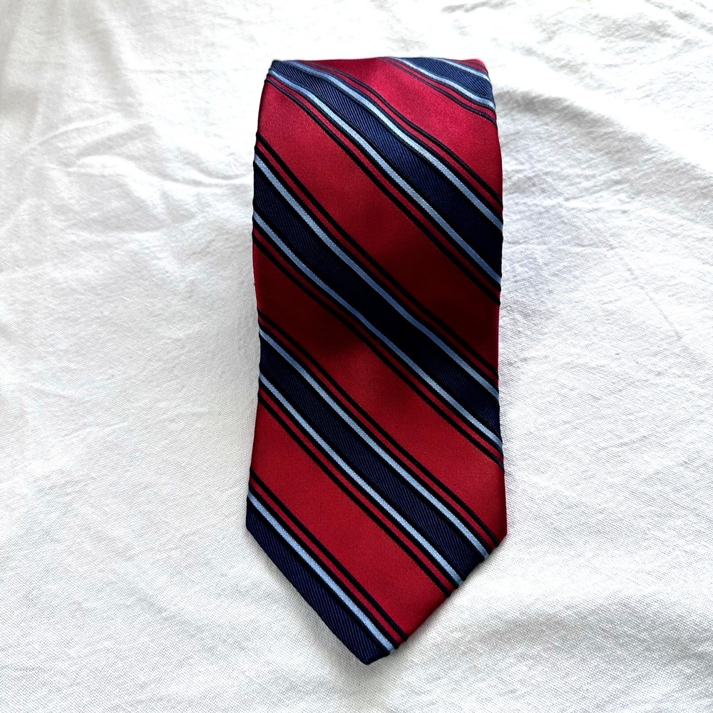 Hart Schaffner Silk Tie Mens Red Navy Striped - Picture 1 of 9